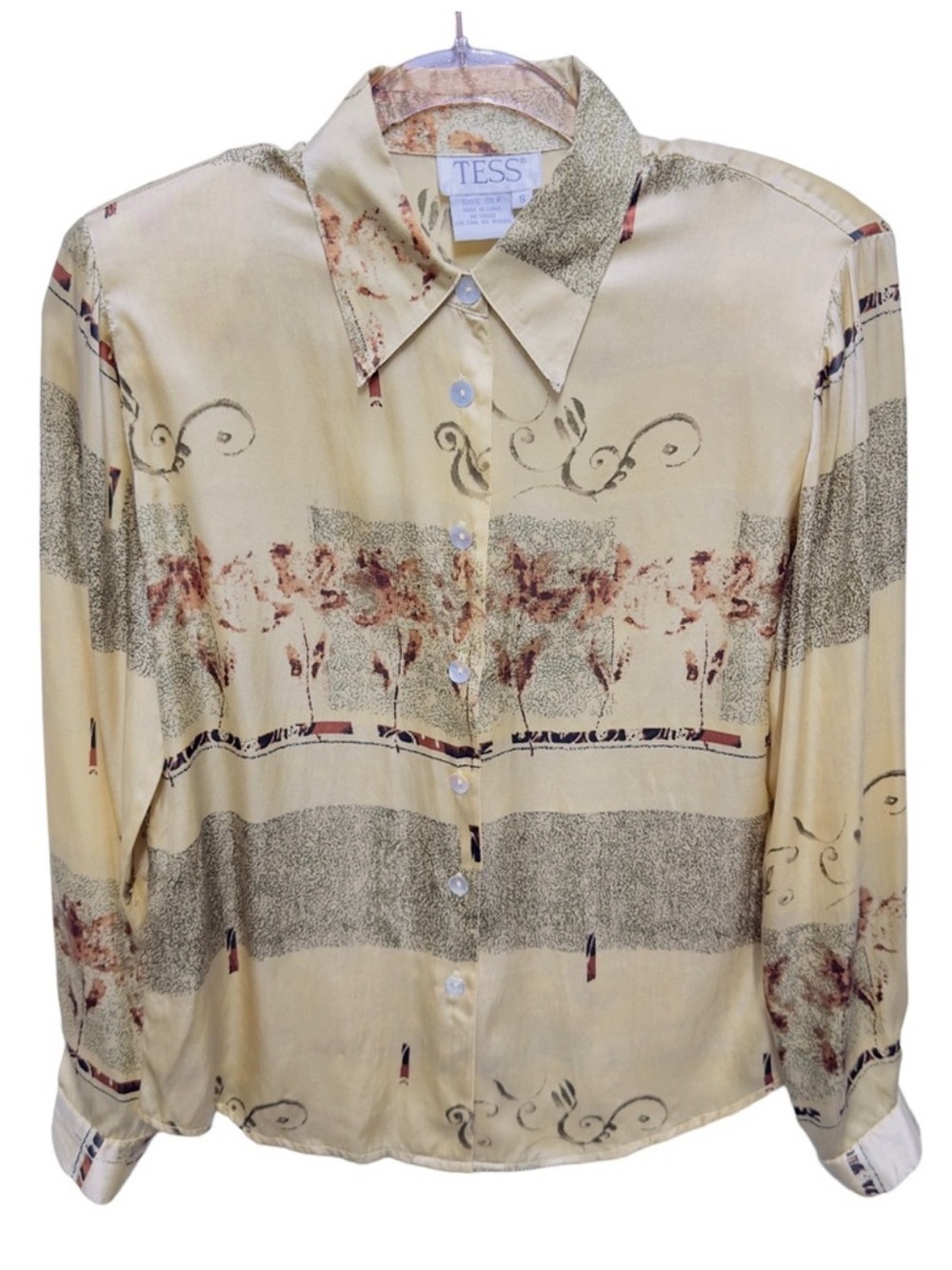 Pure Silk Satin Knit Vines leaves Floral Shirt Top Blouse